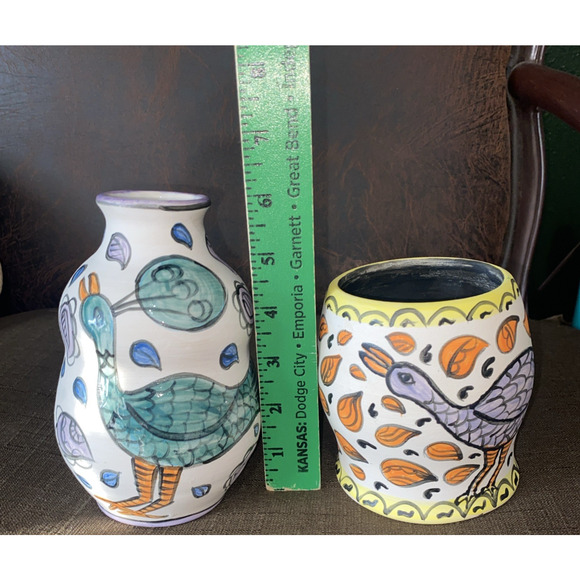 Vintage Handpainted Vase Bundle Of Two Mexican Folk Art Design Gift Collectible - Picture 2 of 7